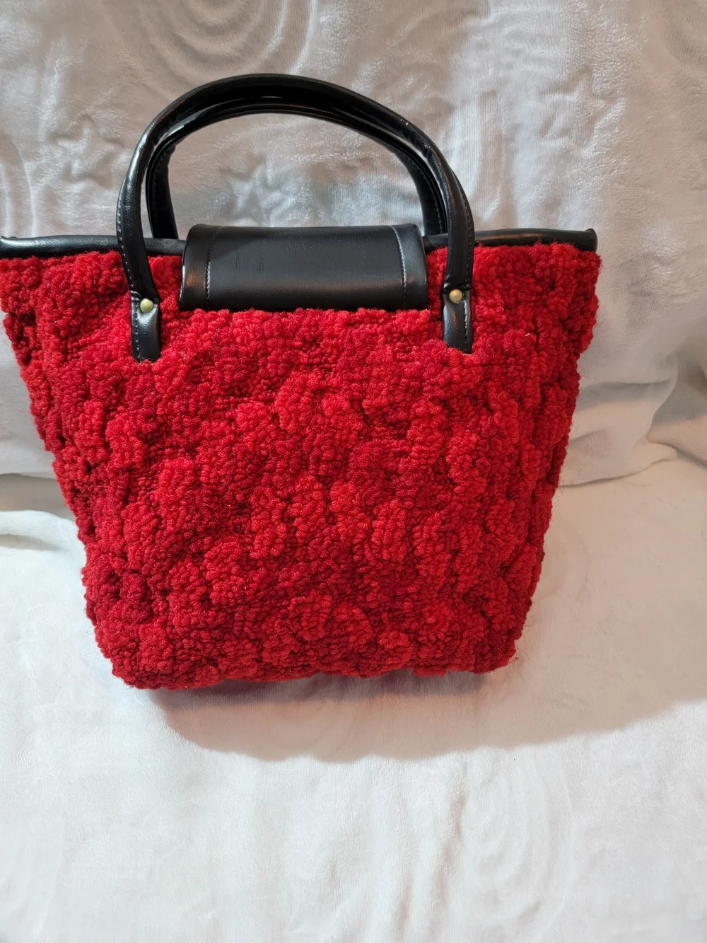 Vintage 60's Carpet Red Faux Shearling  Bag with Black Trim